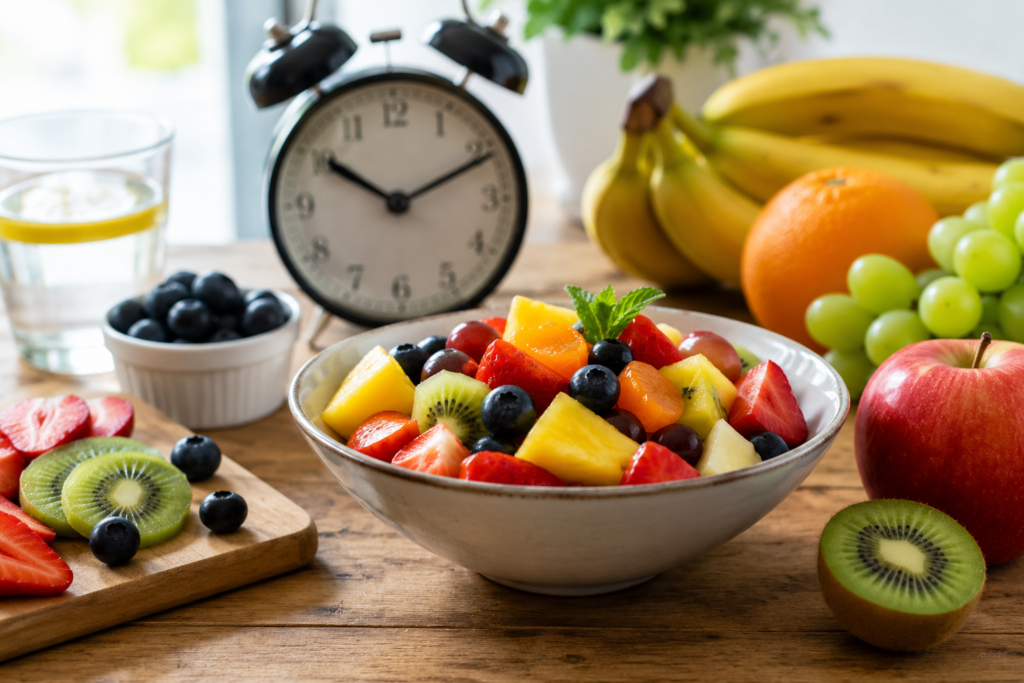 Fresh mixed fruit bowl with berries, kiwi, pineapple, grapes, oranges, and apples showing healthy fruit choices