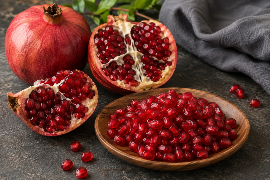 Fresh pomegranate cut open showing edible red seeds and juicy arils