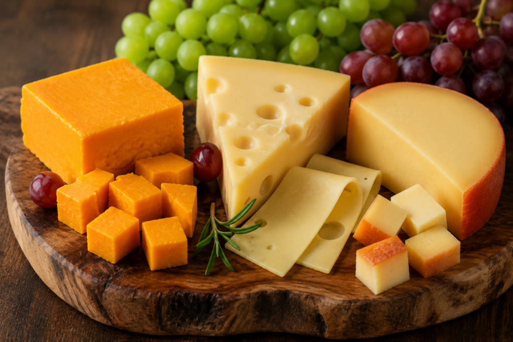 Cheddar cheese with Swiss and Gouda cheese on a wooden board