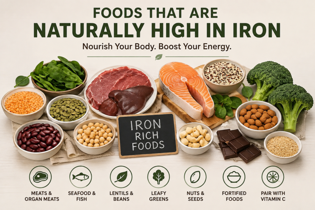 Foods naturally high in iron including spinach, lentils, beans, red meat, salmon, nuts, seeds and broccoli
