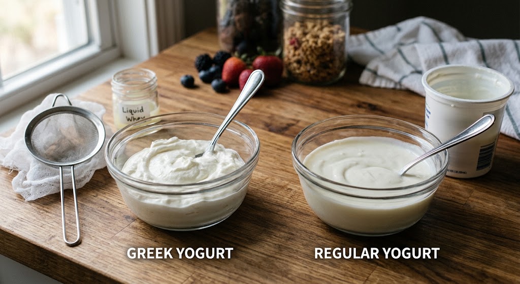 Side-by-side comparison of Greek yogurt (thicker, tangier, strained whey) and regular yogurt (smoother, higher calcium, with whey) on a wooden table with toppings, showcasing their distinct textures and nutritional profiles for health-conscious choices.