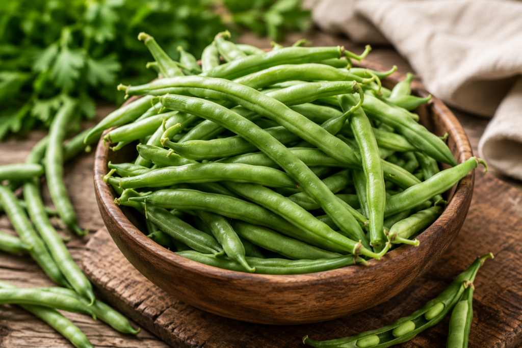 Fresh French beans or green beans in a wooden bowl with whole and sliced pods