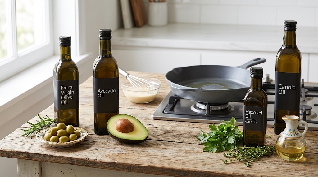 Dark glass bottles of extra virgin olive oil and avocado oil placed on a clean kitchen counter alongside fresh olives, avocado halves, and rosemary.
