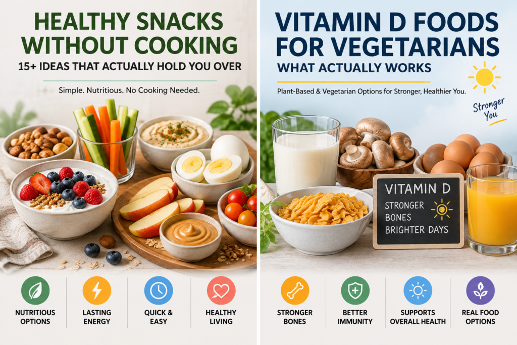 Healthy no-cook snacks including Greek yogurt, berries, vegetables, hummus, eggs, nuts and fruit