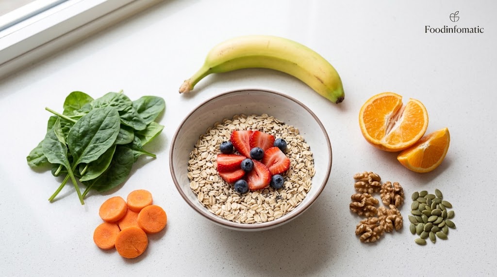 A healthy spread of high-fiber, low-FODMAP foods including oats, chia seeds, fresh strawberries, spinach, carrots, and firm bananas placed on a clean wooden table.