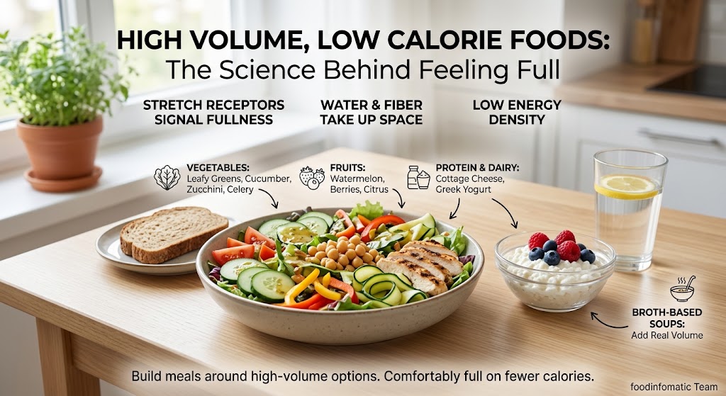 High volume low calorie foods including vegetables fruits yogurt cottage cheese and broth-based soup