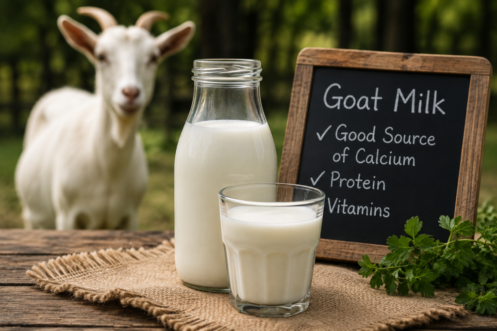 Fresh goat milk in a glass bottle and glass beside a goat on a rustic farm table