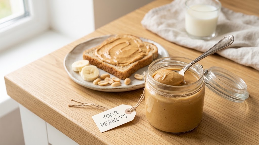 A close-up photograph of a vintage silver spoon dipping into a glass jar of creamy, natural peanut butter.