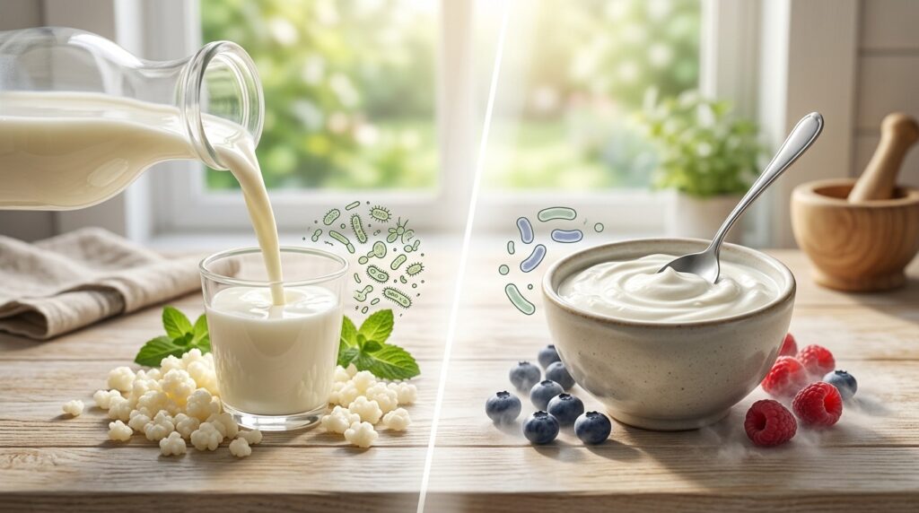 Kefir vs yogurt comparison showing fermented milk drink and yogurt with probiotic cultures