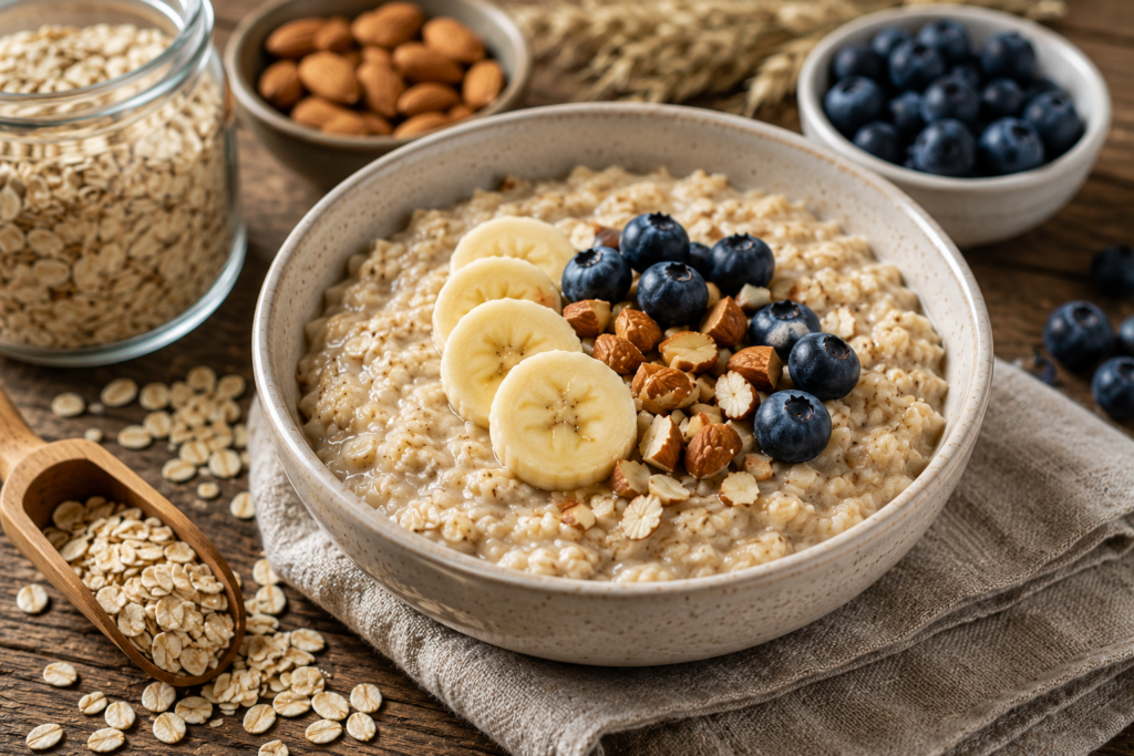 Bowl of oatmeal with blueberries, banana, almonds, and whole rolled oats