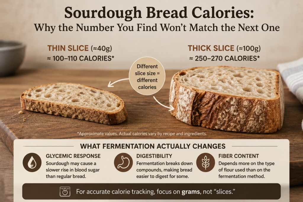Sourdough bread calories compared by slice size and weight