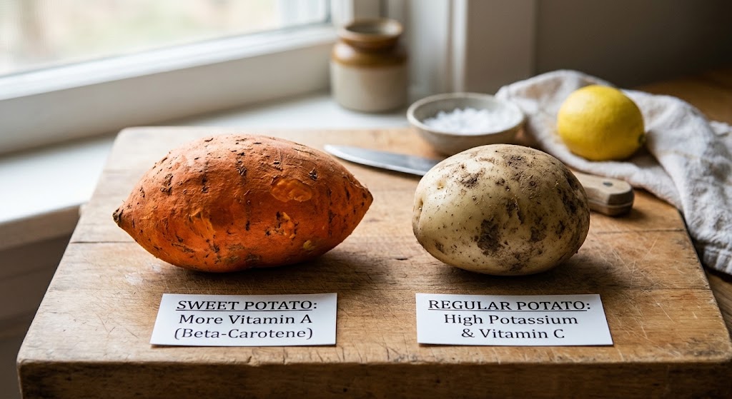 Side-by-side comparison of a whole raw sweet potato and a regular Russet potato on a rustic wooden cutting board with nutrient labels highlighting Vitamin A, Potassium, and Vitamin C.