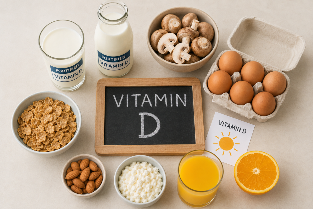 Vegetarian vitamin D foods including fortified milk, UV-exposed mushrooms, eggs, fortified cereal, orange juice, and dairy.