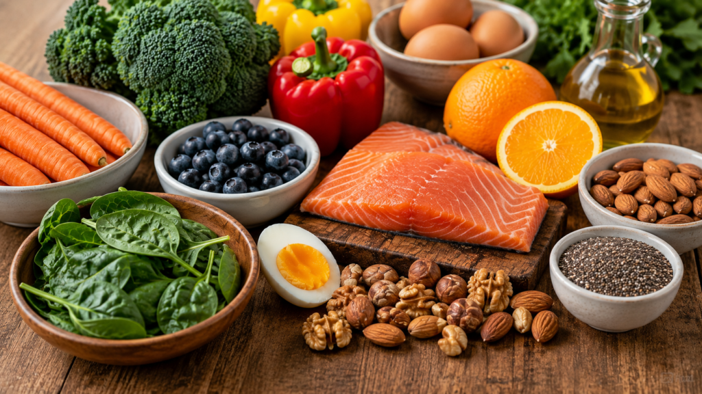 Foods rich in nutrients for eye health including spinach, salmon, eggs, oranges, carrots, broccoli, blueberries, and almonds