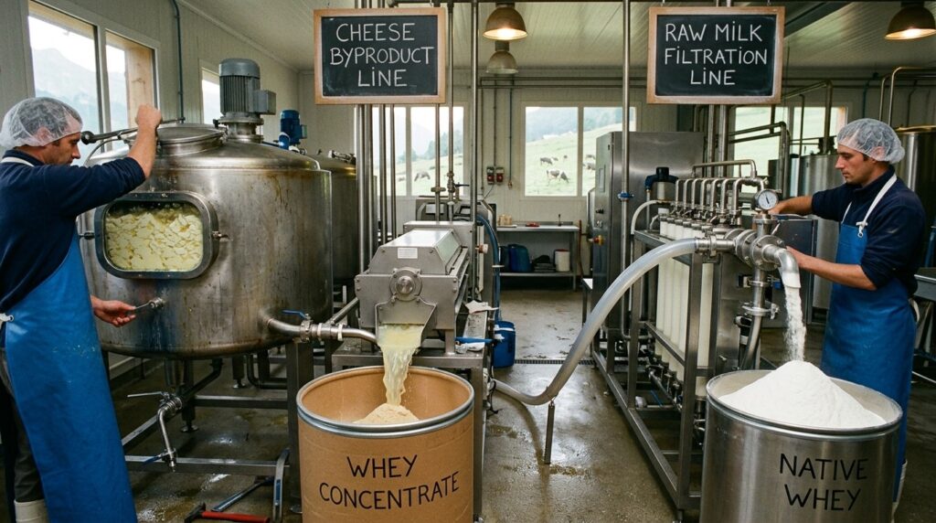 Whey protein production process showing milk filtration and whey concentrate processing