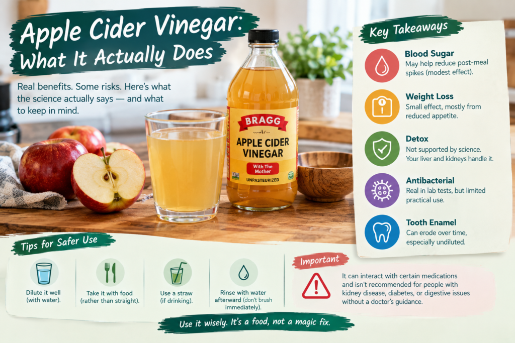 Apple cider vinegar with apples showing potential benefits, risks, and safer ways to use it