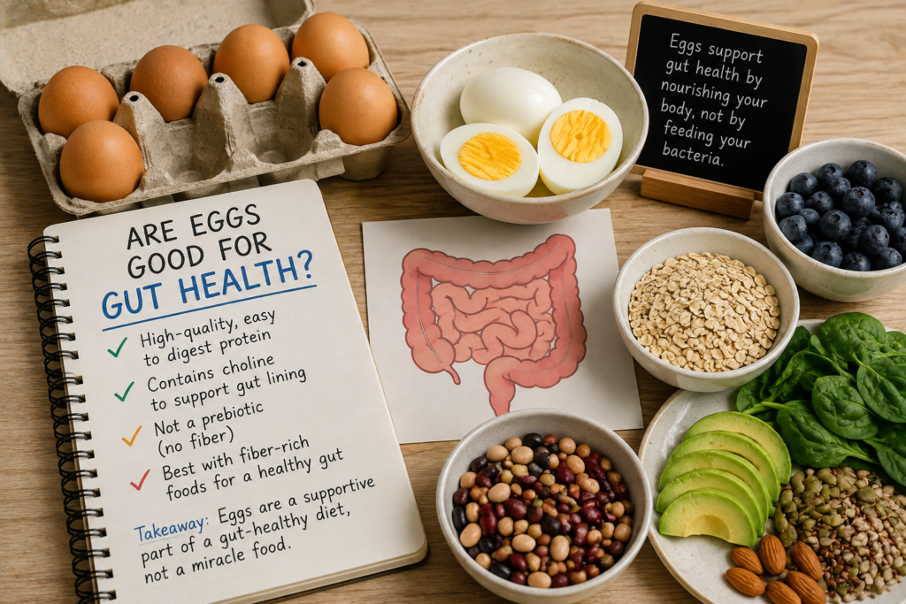 Eggs and fiber-rich foods for supporting gut health with protein, choline, and dietary fiber
