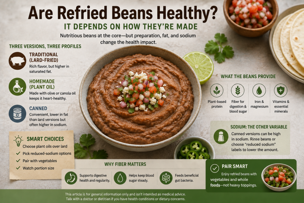 Are refried beans healthy? Comparison of traditional lard-fried, homemade plant-oil, and canned refried beans with fiber, protein, and sodium information.