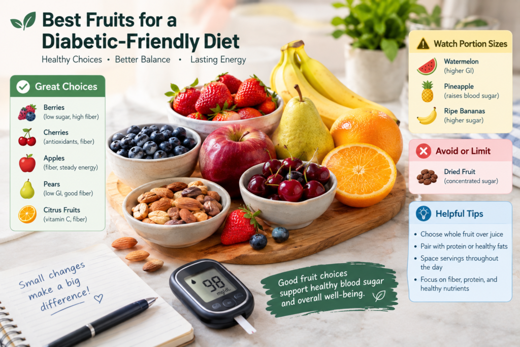 Best fruits for a diabetic-friendly diet including berries, apples, pears, cherries, citrus fruits, and bananas