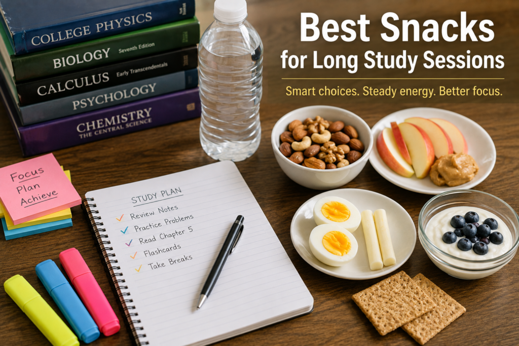 Healthy snacks for long study sessions including nuts, fruit, yogurt, eggs, and whole grain crackers