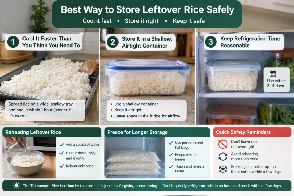 Infographic showing how to store leftover rice safely by cooling it quickly, using a shallow airtight container, refrigerating for 3 to 4 days, reheating thoroughly, and freezing for longer storage
