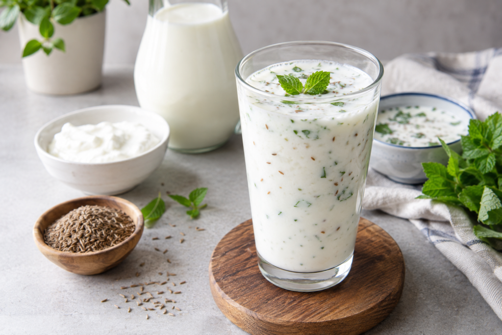 Traditional spiced buttermilk chaas with mint, cumin seeds, yogurt, and milk
