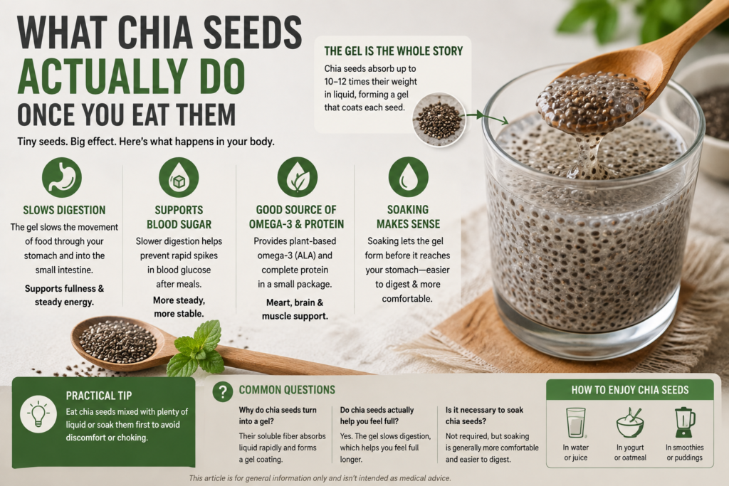 What chia seeds do after eating, including gel-forming fiber, digestion, fullness, and omega-3 benefits