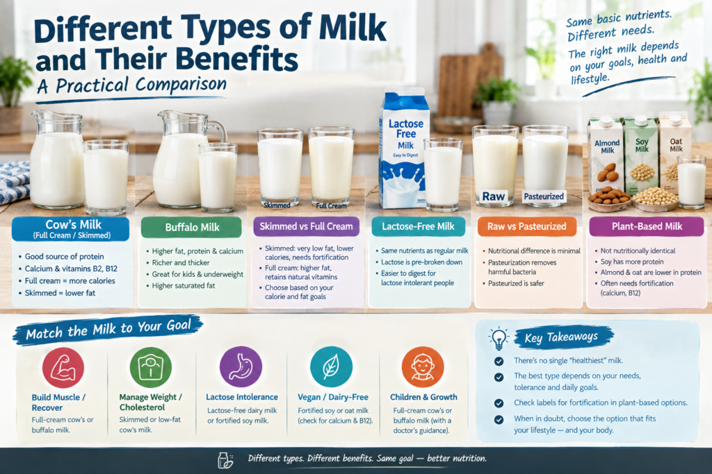 Different types of milk including cow’s milk, buffalo milk, skimmed, full-cream, lactose-free, pasteurized, and plant-based milk