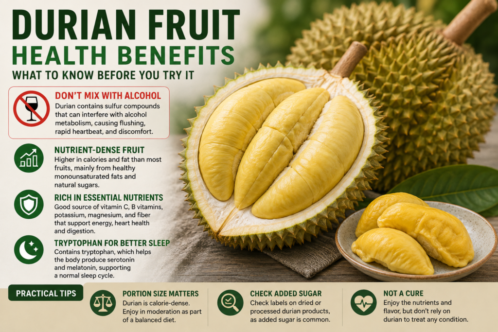 Durian fruit health benefits, nutrients, calorie density, and practical eating tips