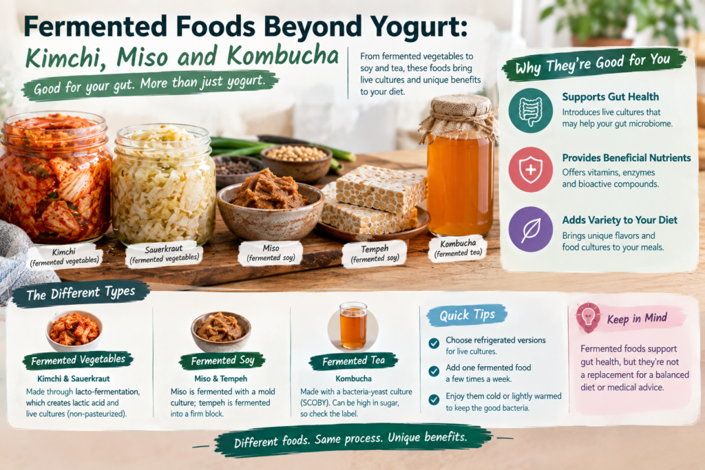 Fermented foods including kimchi, sauerkraut, miso, tempeh, and kombucha for gut health