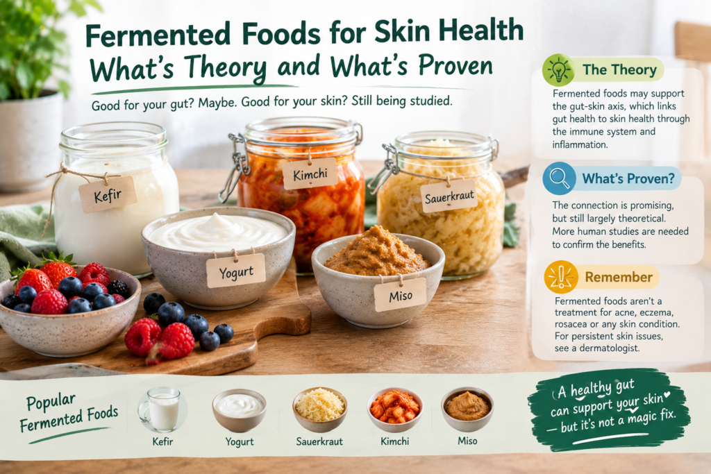 Fermented foods for skin health including kefir, yogurt, kimchi, sauerkraut, and miso