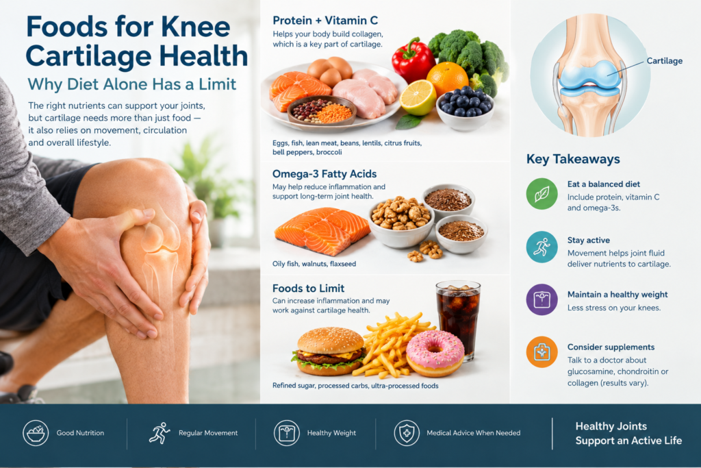 Foods for knee cartilage health including salmon, eggs, beans, citrus fruits, broccoli, walnuts, and flaxseed