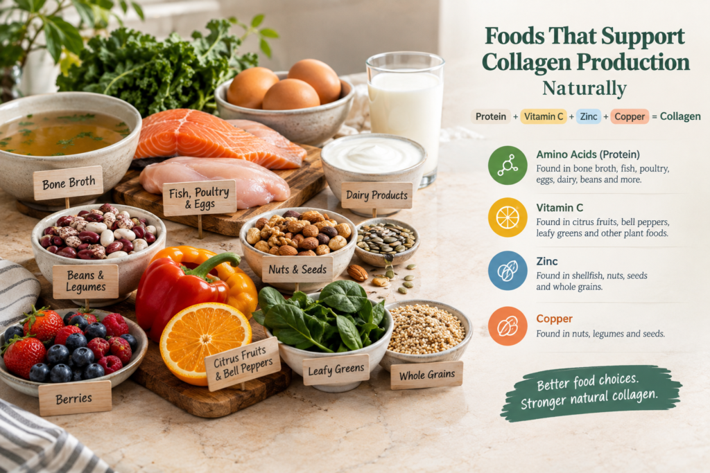 Foods that support collagen production naturally, including fish, eggs, bone broth, berries, citrus fruits, nuts, and leafy greens