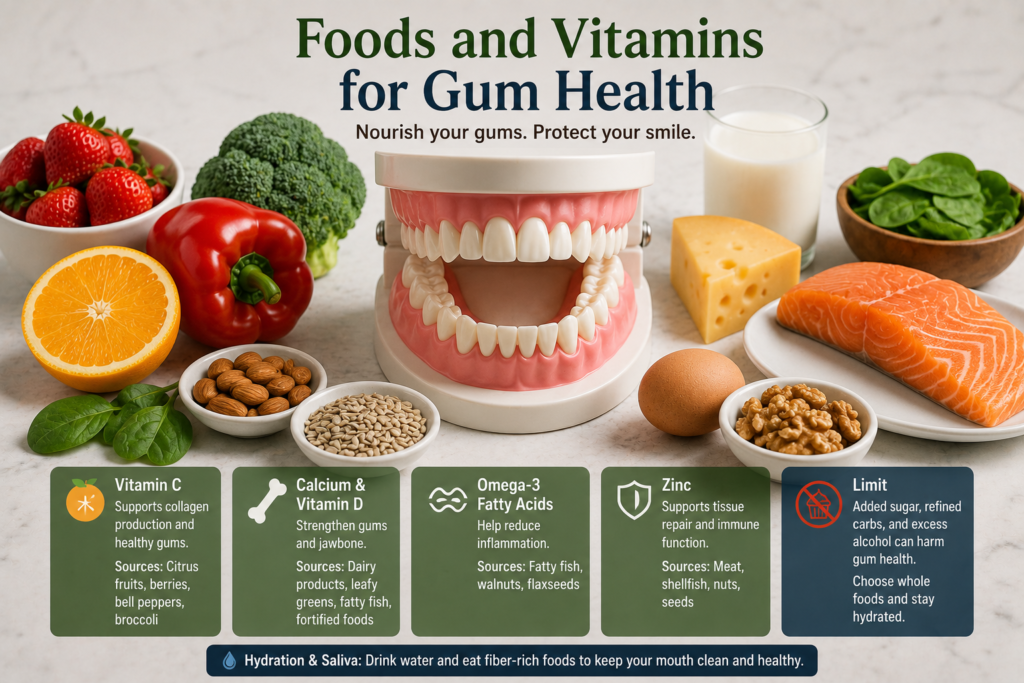 Foods and vitamins for gum health including vitamin C, calcium, vitamin D, omega-3s, and zinc