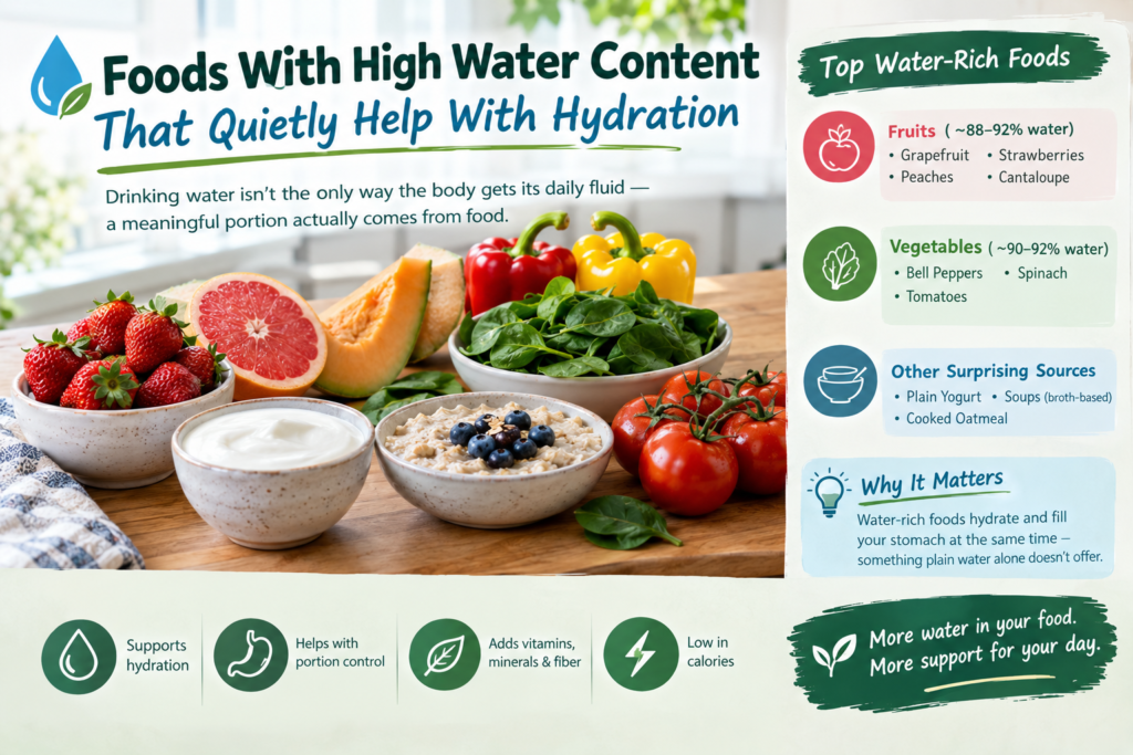Water-rich foods for hydration including strawberries, grapefruit, cantaloupe, bell peppers, spinach, tomatoes, yogurt, and oatmeal