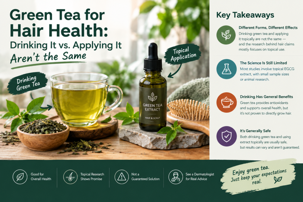 Green tea for hair health showing drinking green tea versus applying green tea extract to the scalp