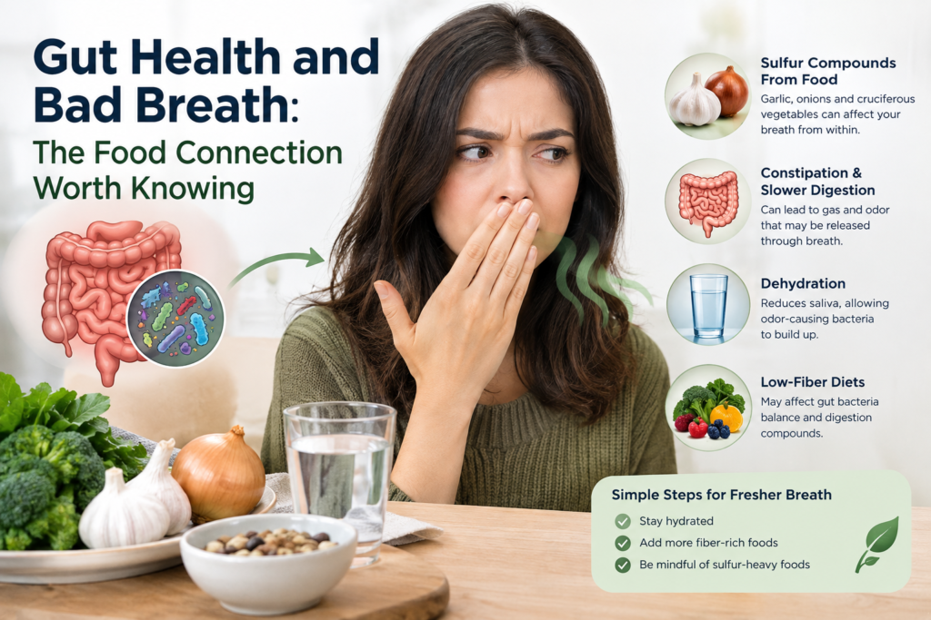 Gut health and bad breath connection showing sulfur-rich foods, dehydration, low-fiber diet, and digestion