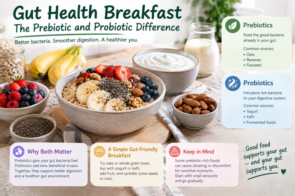 An educational infographic on gut health breakfast comparing prebiotics like oats, bananas, and flaxseed with probiotics like yogurt and kefir alongside a bowl of oatmeal topped with fruit, nuts, and chia seeds.