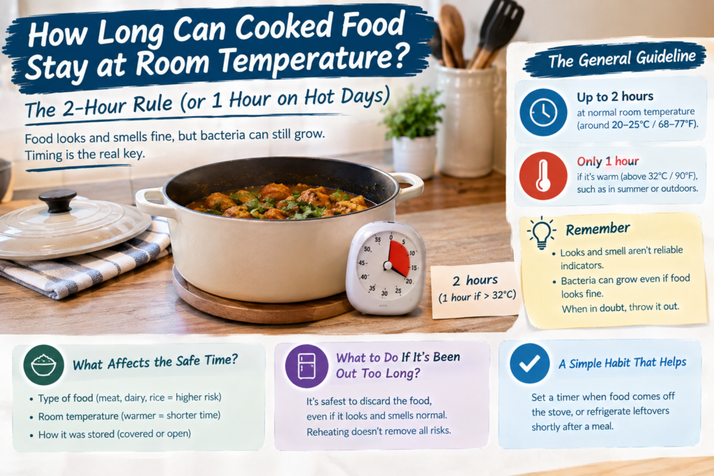 How long cooked food can stay at room temperature showing the 2-hour rule and 1-hour limit on hot days