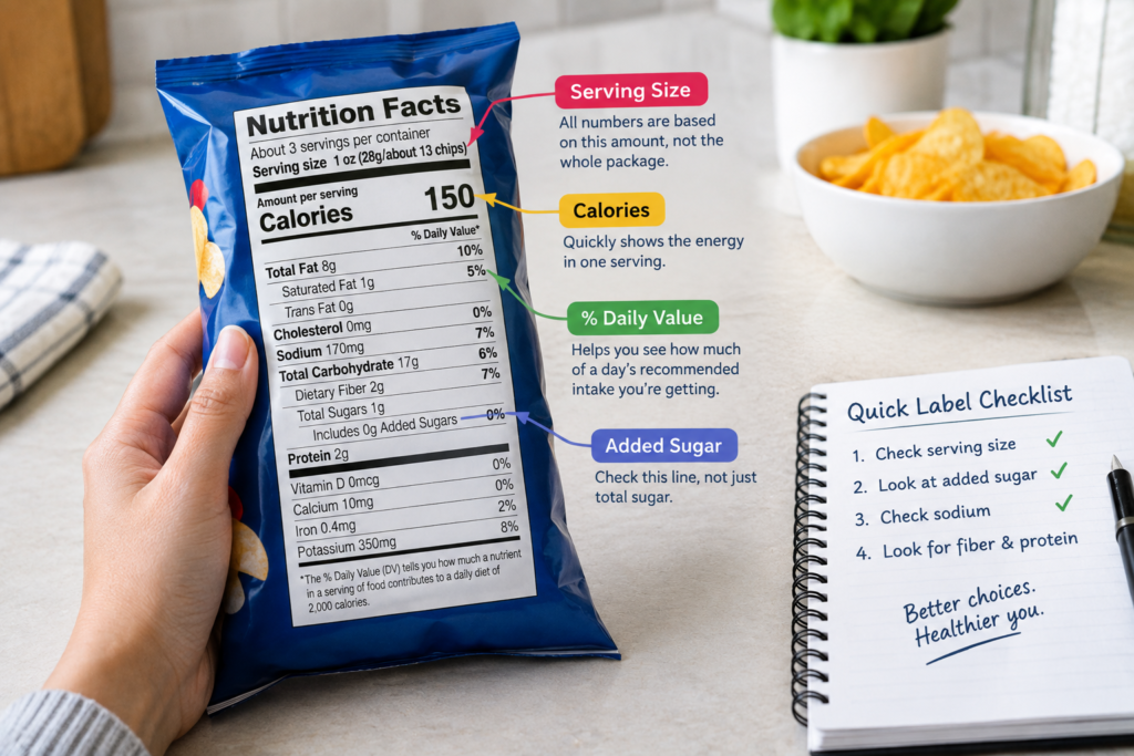 Person reading a nutrition facts label on a packaged snack while checking serving size, added sugar, sodium, fiber, and protein
