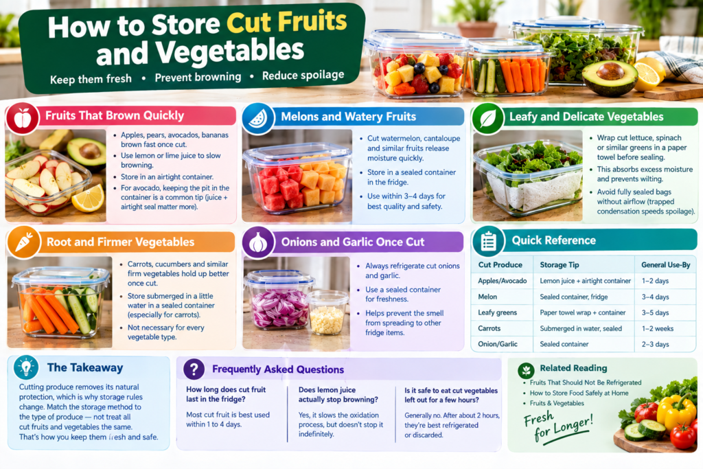 How to store cut fruits and vegetables safely using airtight containers, refrigeration, lemon juice, paper towels, and proper storage methods