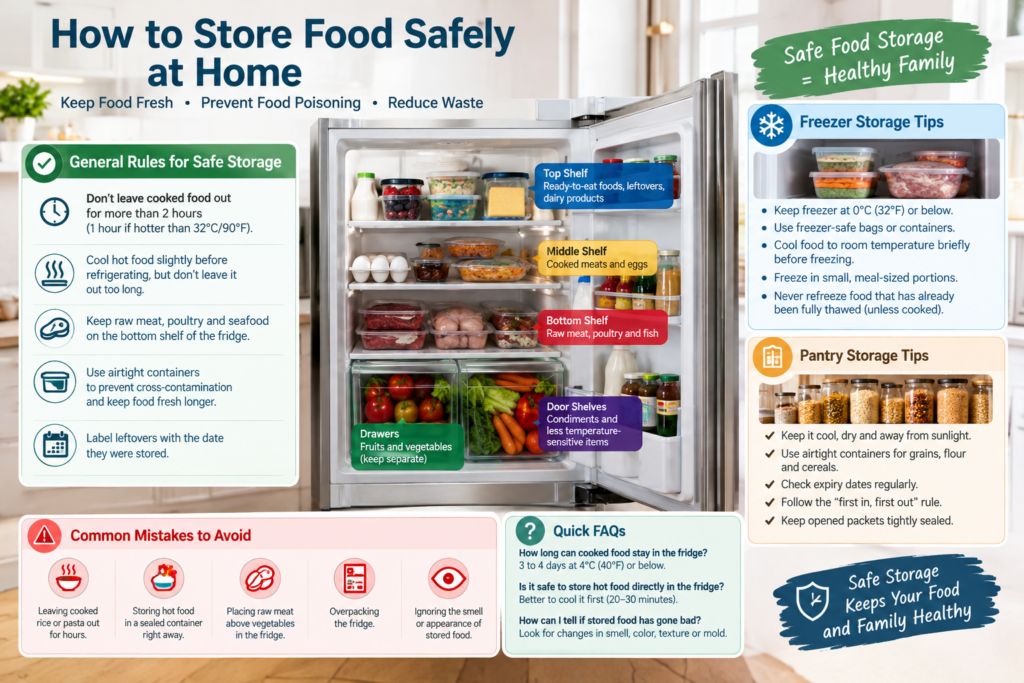 How to store food safely at home using a refrigerator, freezer, pantry, airtight containers, and proper food storage temperatures