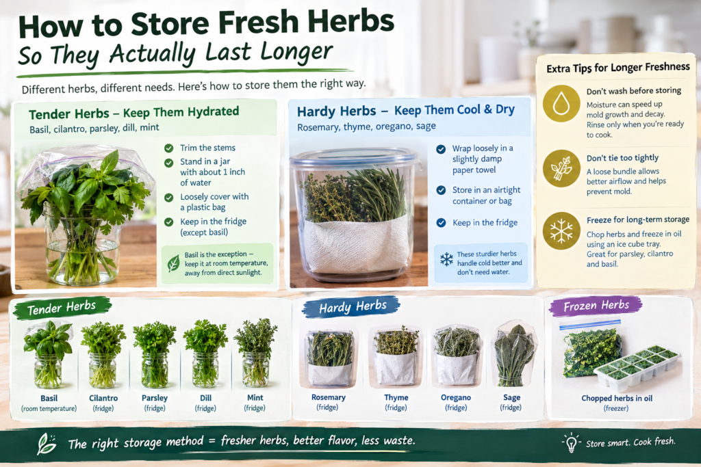 How to store fresh herbs including basil, cilantro, parsley, dill, mint, rosemary, thyme, oregano, and sage