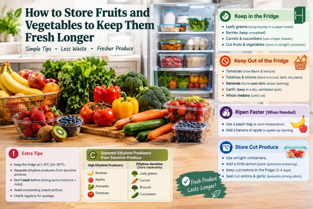 How to store fruits and vegetables to keep them fresh longer with refrigerator and pantry storage tips