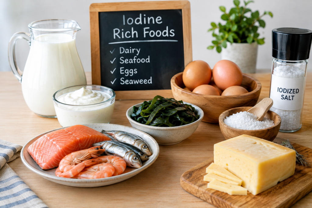 Iodine-rich foods including dairy, seafood, eggs, seaweed, and iodized salt