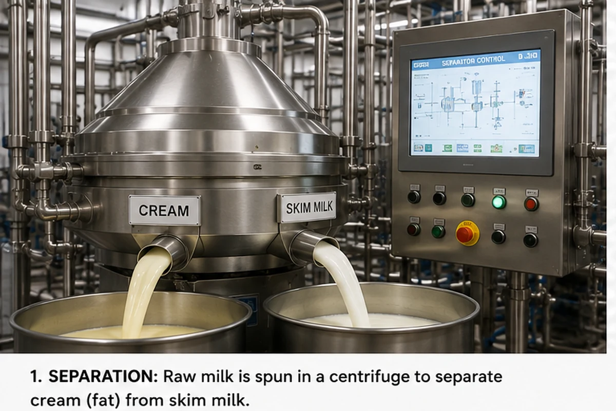 Cream & Skim Milk Separation equipment separating cream and skim milk alongside a homogenizer and bottled milk production line.