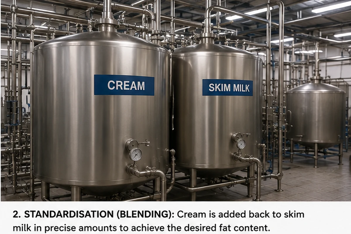 Milk processing standardisation equipment separating cream and skim milk alongside a homogenizer and bottled milk production line.