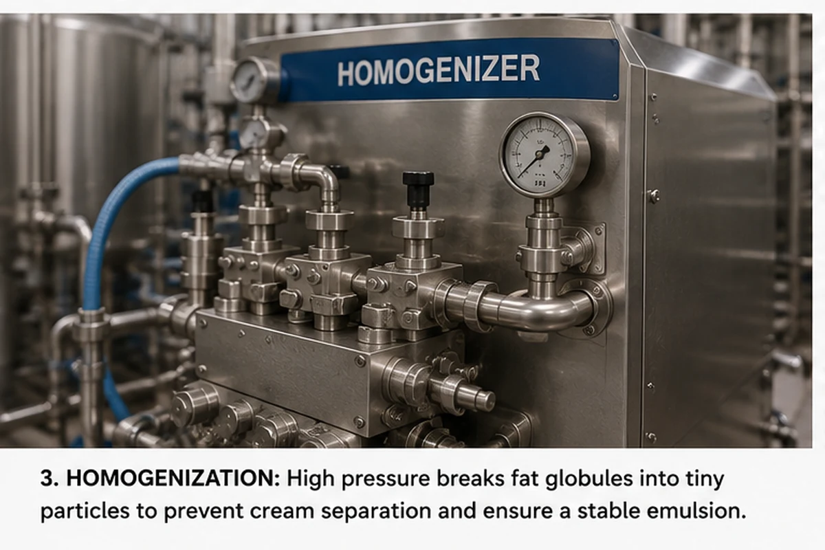 Milk processing standardisation equipment separating cream and skim milk alongside a homogenizer and bottled milk production line.