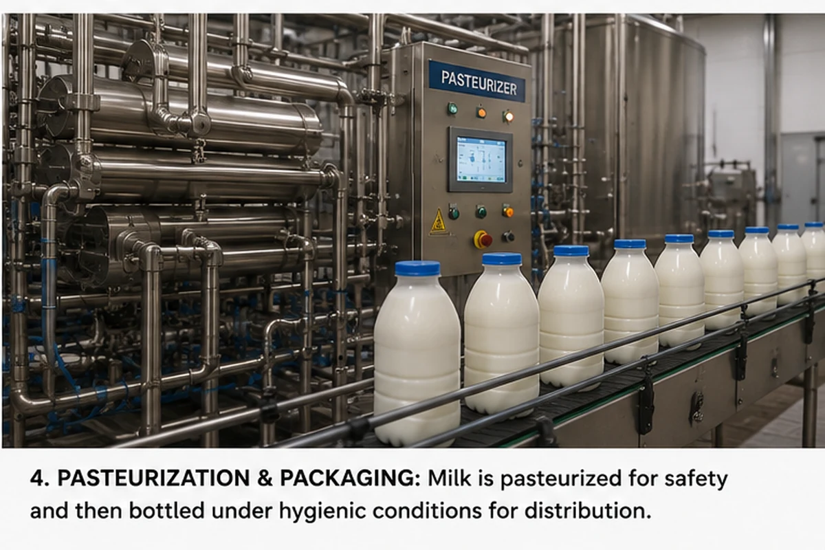 Milk processing standardisation equipment separating cream and skim milk alongside a homogenizer and bottled milk production line.