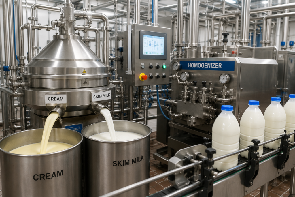 Milk processing standardisation equipment separating cream and skim milk alongside a homogenizer and bottled milk production line.